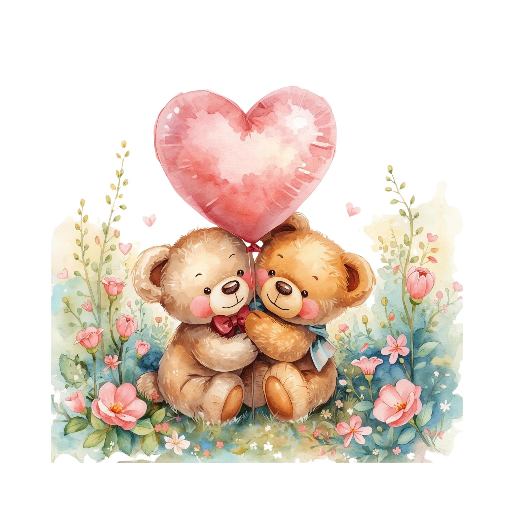 Watercolor Teddy Bear Clipart - Valentine's Day PNG JPG (digital ...