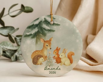 Adorno navideño para bebé con temática de bosque, primera Navidad, nombre personalizado, recuerdo para recién nacido, regalo personalizado para baby shower, niño o niña, regalos para la habitación del bebé, anuncio de Navidad.