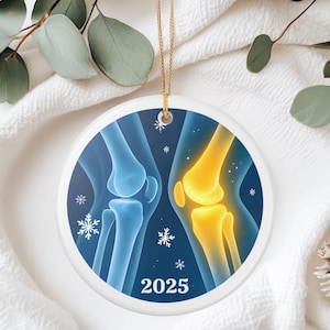 Pode incluir: Enfeite de Natal redondo em cerâmica branca com fio dourado. Apresenta uma ilustração azul e amarela de joelhos, flocos de neve e o ano de 2025. O fundo é azul escuro.