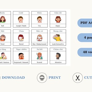 May include: Flashcards with illustrations of various emotions, including sad, happy, angry, and surprised. The cards are labeled in Vietnamese and English. The image also includes text that says "PDF A4 size", "4 pages", and "48 vocab".