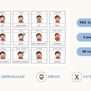 May include: A digital educational sheet featuring twelve rectangular cards with illustrations of a boy expressing various emotions. Each card includes Vietnamese and English text labels. The layout includes icons for download, print, and cut.