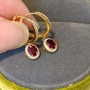 Ruby Diamond Hoop Earrings 18K Gold Natural Ruby 0.60 Ct Halo Setting Vintage Dangle Gift For Her