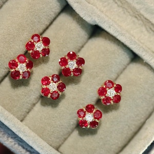 18K Gold Ruby And Diamond Flower Earrings – Natural Pigeon Blood Stones With Cluster Petal Design, Gift For Her