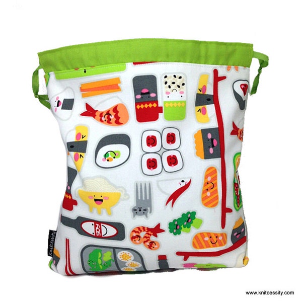 Drawstring WIP Bag Pouch for Knitting Crochet Project Works in Progress w/ 2 Pockets 4 Needles Hook Slots, Japanese Sushi Print Fabric