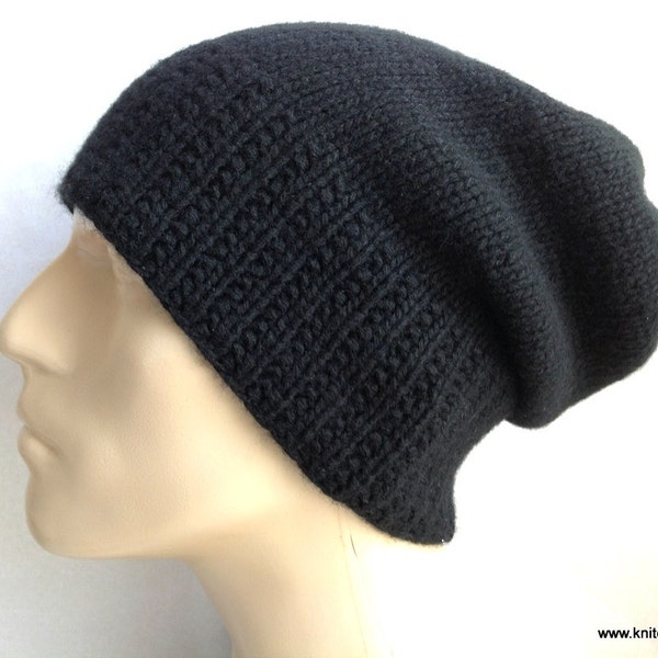 Black Gray Beige 100% Pure Cashmere Mens Slouchy Knit Hat Beanie, Warm Handknit Cap, Custom Sizes for Adult Man Teens Boys // BLEECKER //