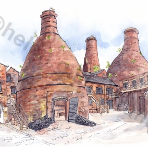 Puede incluir: Una pintura al agua de un edificio de ladrillo con varias chimeneas grandes, redondas y de ladrillo. El edificio parece ser una antigua fábrica o un sitio industrial.