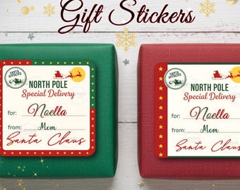 Plantilla editable de pegatinas navideñas para regalos / Etiquetas personalizadas de Papá Noel para regalos / Entrega especial / Etiquetas navideñas imprimibles