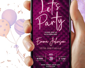 Plantilla de invitación de cumpleaños con brillo neón rosa y morado (descarga digital)
