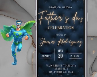Invitación animada en video para el Día del Padre, invitación móvil de superhéroe para papá, plantilla de Canva para fiesta de barbacoa.