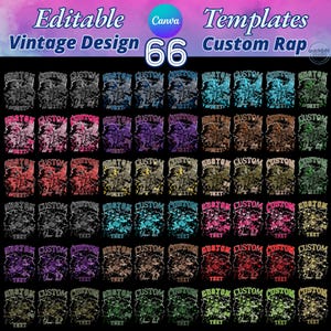 Mega bundle of 66 editable Canva templates for 90s bootleg rap tees. Features high-quality SVG textures with distressed and lightning effects. Fully customizable backgrounds where you can change colors and resize without losing quality. Perfect for DIY vintage shirt designs, graduation 2025 gifts, and professional DTF or sublimation printing. Includes 22 color options and 3 vintage font styles for authentic retro aesthetic.