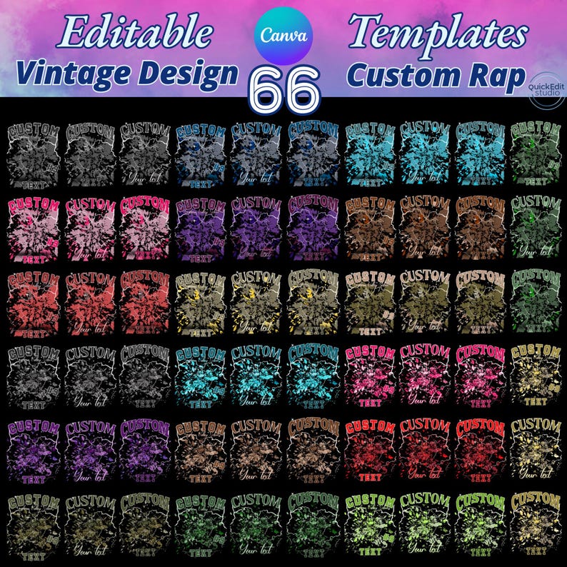 Mega bundle of 66 editable Canva templates for 90s bootleg rap tees. Features high-quality SVG textures with distressed and lightning effects. Fully customizable backgrounds where you can change colors and resize without losing quality. Perfect for DIY vintage shirt designs, graduation 2025 gifts, and professional DTF or sublimation printing. Includes 22 color options and 3 vintage font styles for authentic retro aesthetic.