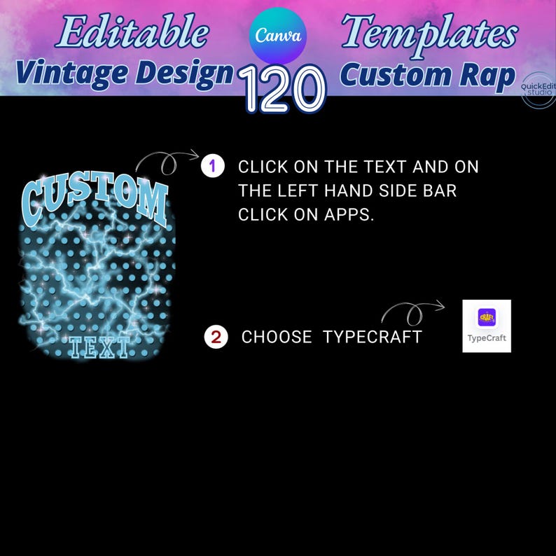 Vintage design custom rap tee template featuring 120 editable options with 3 font styles and 40 color choices. Background includes dynamic lightning bolt and star patterns, creating a bold and vibrant look. Perfect for custom rap t-shirts and vintage