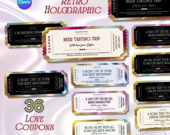 Plantilla de cupón Retro Love: regalo imprimible para ella y para él. Incluye borde holográfico.