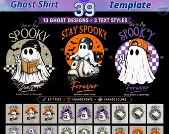 Pacchetto di modelli Canva modificabili per magliette di Halloween con fantasmi, design retrò personalizzato per magliette bootleg, foto retrò