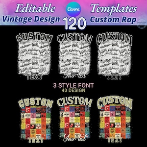 Editable Canva Templates Bundle featuring 120 vintage and custom rap design layouts. Includes retro fire, shattered glass, neon drip, and abstract background styles perfect for t-shirt design, album cover, and printable graphics. High-quality editable vintage design templates for Canva, easy to customize with your own text. Ideal for digital creators, clothing brands, and Etsy sellers seeking trendy editable designs.  Personalized - Holiday Gifts