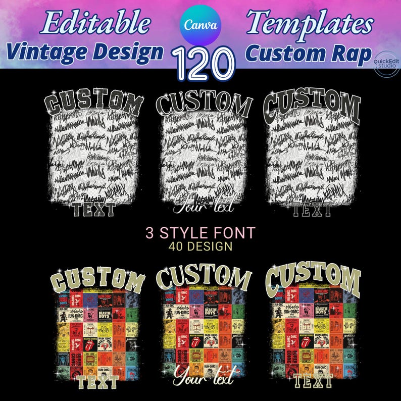 Editable Canva Templates Bundle featuring 120 vintage and custom rap design layouts. Includes retro fire, shattered glass, neon drip, and abstract background styles perfect for t-shirt design, album cover, and printable graphics. High-quality editable vintage design templates for Canva, easy to customize with your own text. Ideal for digital creators, clothing brands, and Etsy sellers seeking trendy editable designs.  Personalized - Holiday Gifts