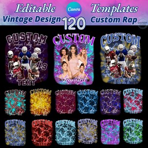 Vintage design custom rap tee template featuring 120 editable options with 3 font styles and 40 color choices. Background includes dynamic lightning bolt and star patterns, creating a bold and vibrant look. Perfect for custom rap t-shirts and vintage