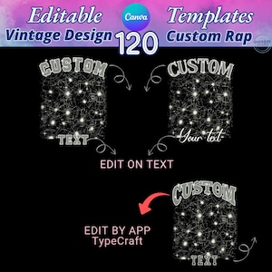 Editable Canva Templates Bundle featuring 120 vintage and custom rap design layouts. Includes retro fire, shattered glass, neon drip, and abstract background styles perfect for t-shirt design, album cover, and printable graphics. High-quality editable vintage design templates for Canva, easy to customize with your own text. Ideal for digital creators, clothing brands, and Etsy sellers seeking trendy editable designs.  Personalized - Holiday Gifts