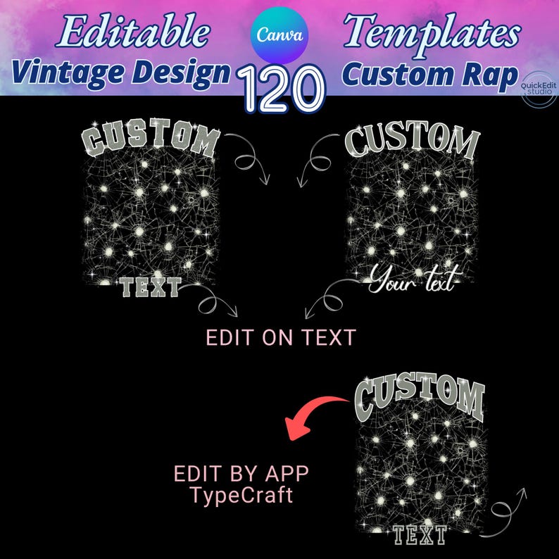 Editable Canva Templates Bundle featuring 120 vintage and custom rap design layouts. Includes retro fire, shattered glass, neon drip, and abstract background styles perfect for t-shirt design, album cover, and printable graphics. High-quality editable vintage design templates for Canva, easy to customize with your own text. Ideal for digital creators, clothing brands, and Etsy sellers seeking trendy editable designs.  Personalized - Holiday Gifts