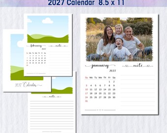 Calendario 2027 modificabile su Canva con note e cornice portafoto effetto invecchiato