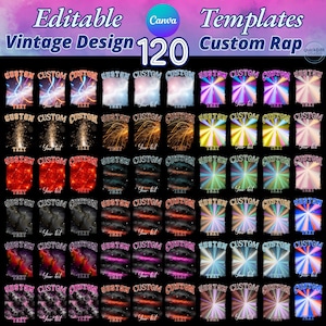 Editable Canva Templates Bundle featuring 120 vintage and custom rap design layouts. Includes retro fire, shattered glass, neon drip, and abstract background styles perfect for t-shirt design, album cover, and printable graphics. High-quality editable vintage design templates for Canva, easy to customize with your own text. Ideal for digital creators, clothing brands, and Etsy sellers seeking trendy editable designs.  Personalized - Holiday Gifts