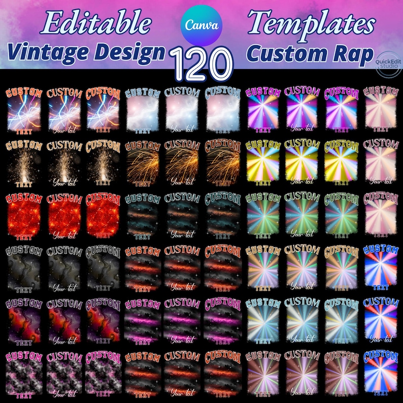 Editable Canva Templates Bundle featuring 120 vintage and custom rap design layouts. Includes retro fire, shattered glass, neon drip, and abstract background styles perfect for t-shirt design, album cover, and printable graphics. High-quality editable vintage design templates for Canva, easy to customize with your own text. Ideal for digital creators, clothing brands, and Etsy sellers seeking trendy editable designs.  Personalized - Holiday Gifts