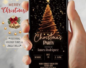 Invitación elegante para fiesta navideña / Plantilla digital para celebración navideña / Con melodías navideñas y cascabeles