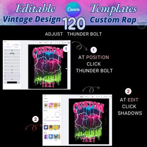 Editable Canva Templates Bundle featuring 120 vintage and custom rap design layouts. Includes retro fire, shattered glass, neon drip, and abstract background styles perfect for t-shirt design, album cover, and printable graphics. High-quality editable vintage design templates for Canva, easy to customize with your own text. Ideal for digital creators, clothing brands, and Etsy sellers seeking trendy editable designs.  Personalized - Holiday Gifts
