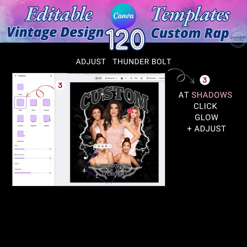 May include: A digital design template with the text "Editable Canva Templates Vintage Design 120 Custom Rap." The image shows a design with women and the word "CUSTOM" in a vintage style. Instructions are included.
