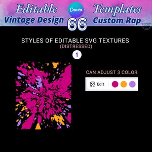 Mega bundle of 66 editable Canva templates for 90s bootleg rap tees. Features high-quality SVG textures with distressed and lightning effects. Fully customizable backgrounds where you can change colors and resize without losing quality. Perfect for DIY vintage shirt designs, graduation 2025 gifts, and professional DTF or sublimation printing. Includes 22 color options and 3 vintage font styles for authentic retro aesthetic.