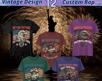 Modello di maglietta vintage USA modificabile su Canva, design patriottico personalizzato.
