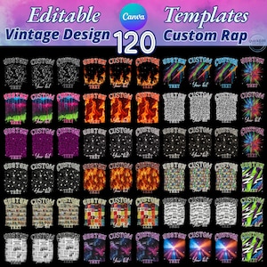 Editable Canva Templates Bundle featuring 120 vintage and custom rap design layouts. Includes retro fire, shattered glass, neon drip, and abstract background styles perfect for t-shirt design, album cover, and printable graphics. High-quality editable vintage design templates for Canva, easy to customize with your own text. Ideal for digital creators, clothing brands, and Etsy sellers seeking trendy editable designs.  Personalized - Holiday Gifts