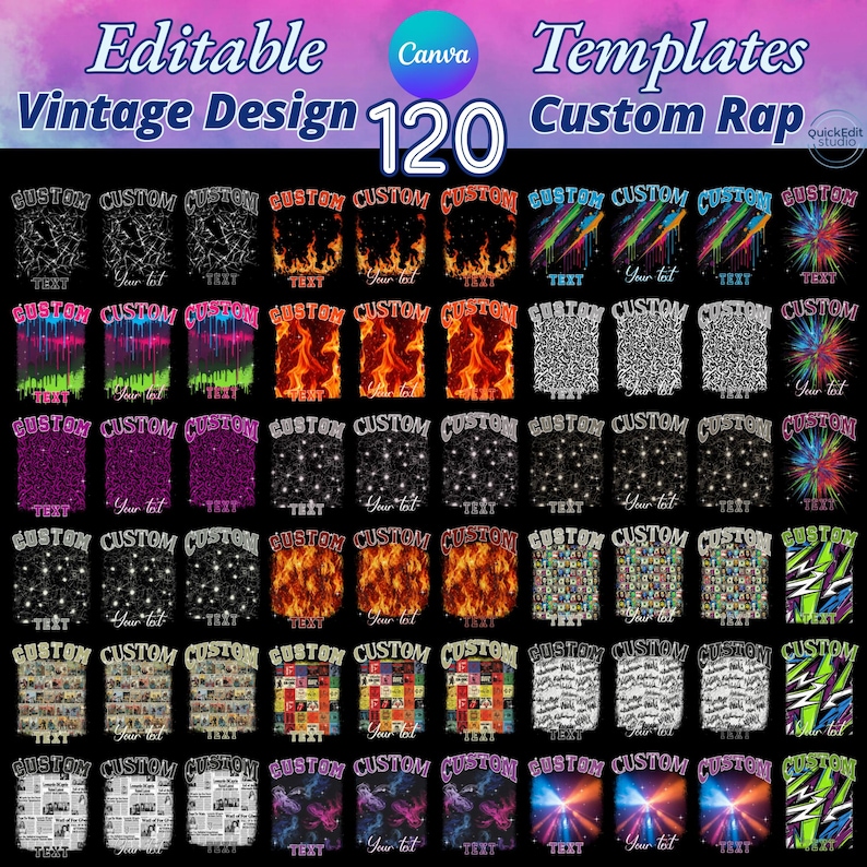 Editable Canva Templates Bundle featuring 120 vintage and custom rap design layouts. Includes retro fire, shattered glass, neon drip, and abstract background styles perfect for t-shirt design, album cover, and printable graphics. High-quality editable vintage design templates for Canva, easy to customize with your own text. Ideal for digital creators, clothing brands, and Etsy sellers seeking trendy editable designs.  Personalized - Holiday Gifts