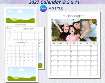 2027 bearbeitbarer Kalender Canva Vorlagen, beunruhigter Fotorahmen druckbarer Planer