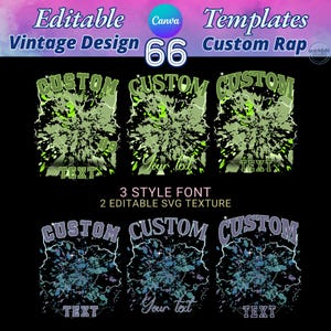 Mega bundle of 66 editable Canva templates for 90s bootleg rap tees. Features high-quality SVG textures with distressed and lightning effects. Fully customizable backgrounds where you can change colors and resize without losing quality. Perfect for DIY vintage shirt designs, graduation 2025 gifts, and professional DTF or sublimation printing. Includes 22 color options and 3 vintage font styles for authentic retro aesthetic.