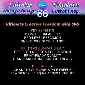 Mega bundle of 66 editable Canva templates for 90s bootleg rap tees. Features high-quality SVG textures with distressed and lightning effects. Fully customizable backgrounds where you can change colors and resize without losing quality. Perfect for DIY vintage shirt designs, graduation 2025 gifts, and professional DTF or sublimation printing. Includes 22 color options and 3 vintage font styles for authentic retro aesthetic.