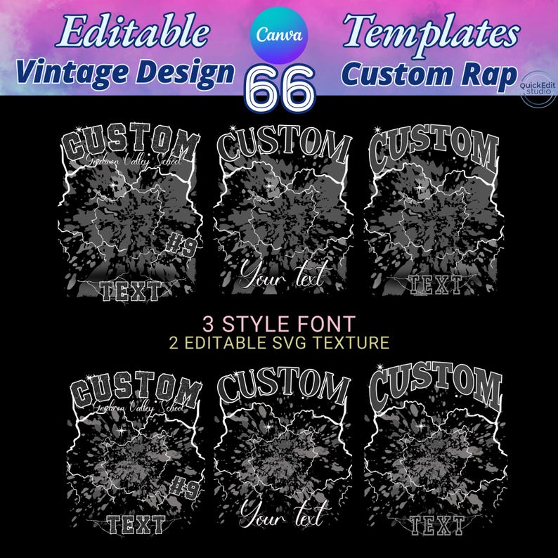 Mega bundle of 66 editable Canva templates for 90s bootleg rap tees. Features high-quality SVG textures with distressed and lightning effects. Fully customizable backgrounds where you can change colors and resize without losing quality. Perfect for DIY vintage shirt designs, graduation 2025 gifts, and professional DTF or sublimation printing. Includes 22 color options and 3 vintage font styles for authentic retro aesthetic.