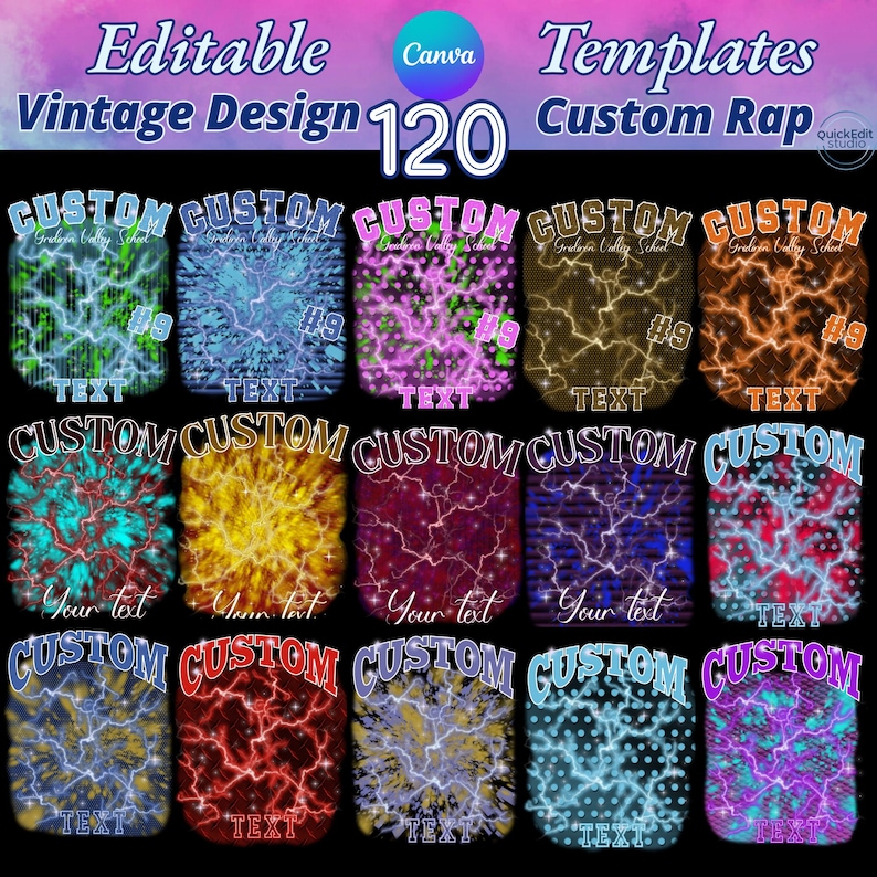 Vintage design custom rap tee template featuring 120 editable options with 3 font styles and 40 color choices. Background includes dynamic lightning bolt and star patterns, creating a bold and vibrant look. Perfect for custom rap t-shirts and vintage