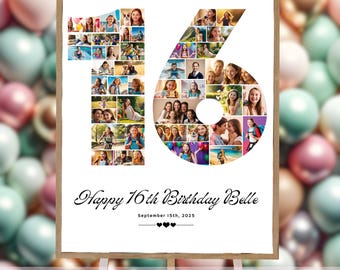 Póster de collage de fotos personalizado: regalo de 16.º cumpleaños para niñas y niños / Plantilla de fotografía