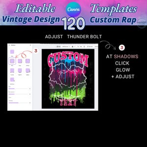 Editable Canva Templates Bundle featuring 120 vintage and custom rap design layouts. Includes retro fire, shattered glass, neon drip, and abstract background styles perfect for t-shirt design, album cover, and printable graphics. High-quality editable vintage design templates for Canva, easy to customize with your own text. Ideal for digital creators, clothing brands, and Etsy sellers seeking trendy editable designs.  Personalized - Holiday Gifts