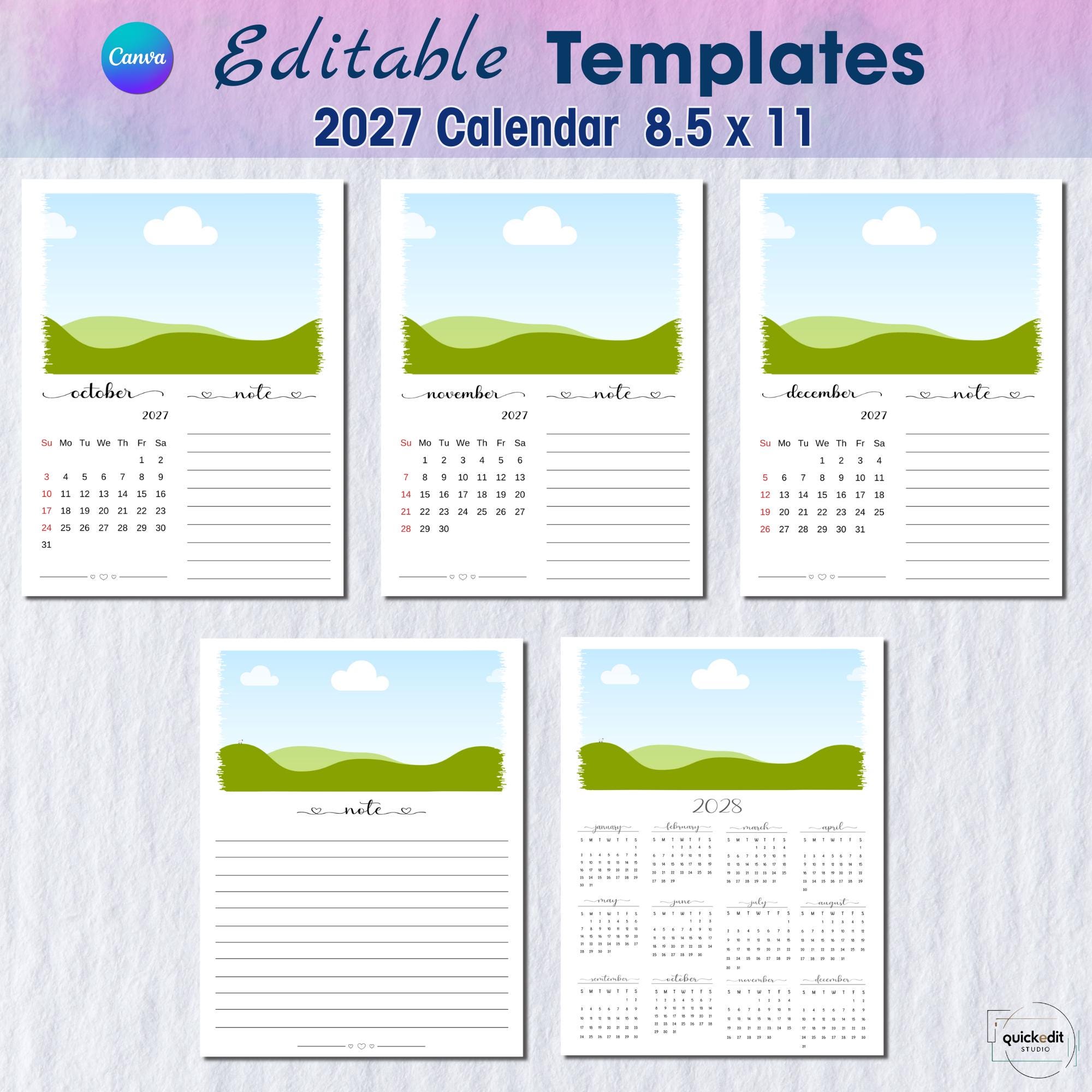 Editable 2027 Calendar Canva Template With Notes and Distressed Photo