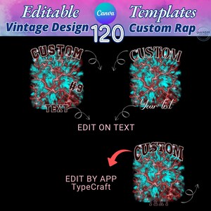 Vintage design custom rap tee template featuring 120 editable options with 3 font styles and 40 color choices. Background includes dynamic lightning bolt and star patterns, creating a bold and vibrant look. Perfect for custom rap t-shirts and vintage