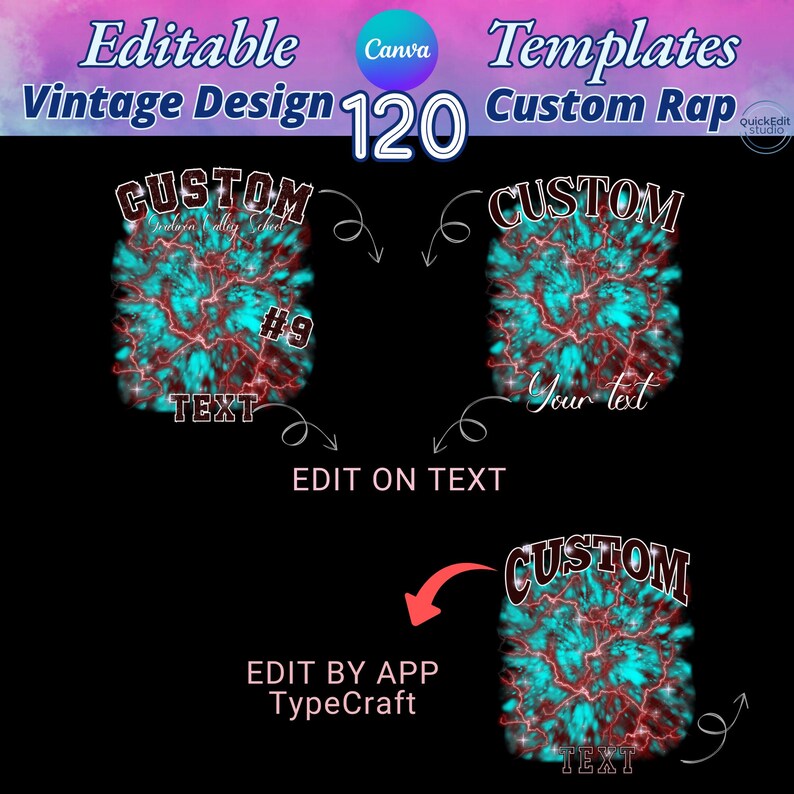 Vintage design custom rap tee template featuring 120 editable options with 3 font styles and 40 color choices. Background includes dynamic lightning bolt and star patterns, creating a bold and vibrant look. Perfect for custom rap t-shirts and vintage