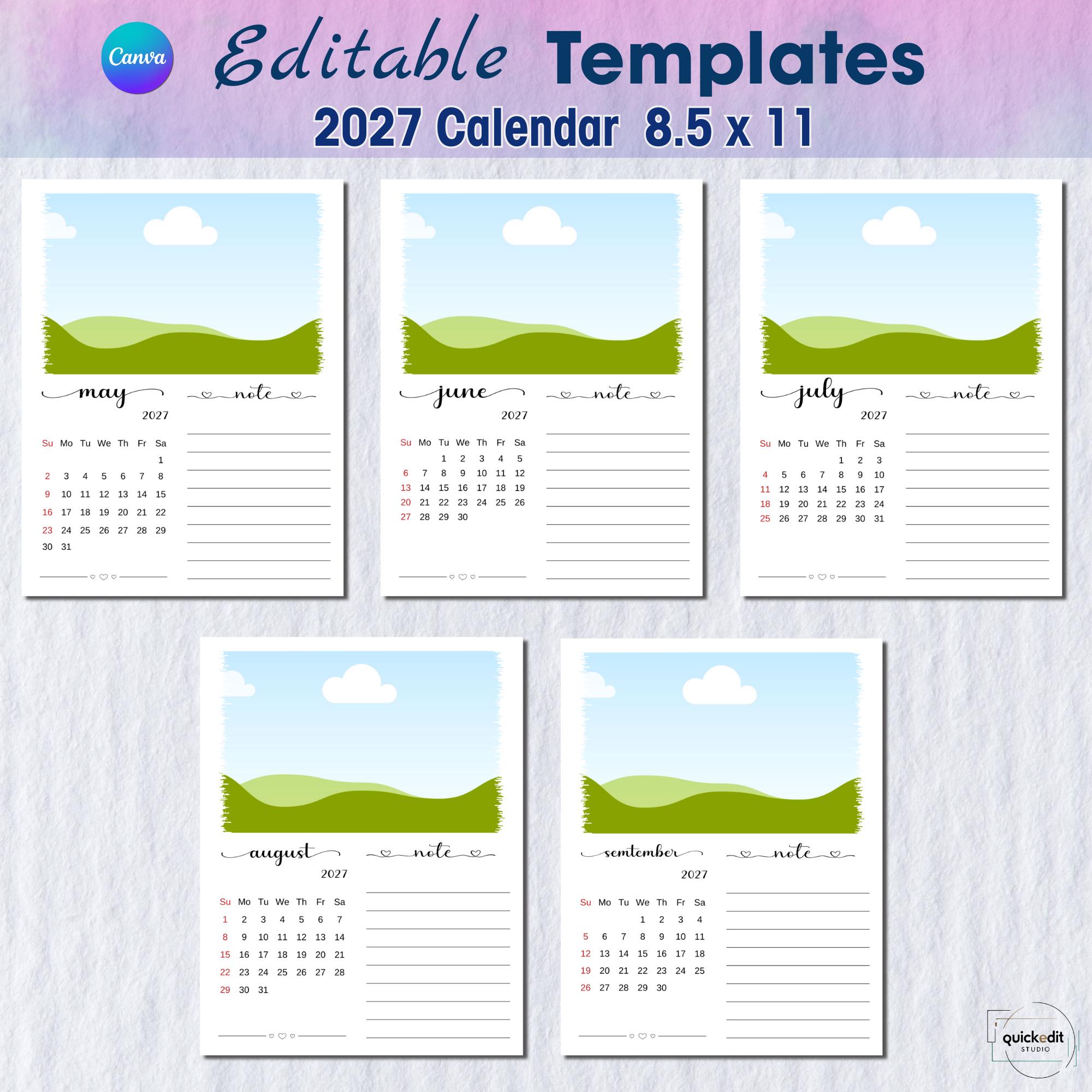 Editable 2027 Calendar Canva Template With Notes and Distressed Photo