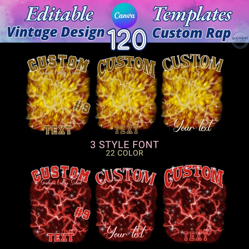 Vintage design custom rap tee template featuring 120 editable options with 3 font styles and 40 color choices. Background includes dynamic lightning bolt and star patterns, creating a bold and vibrant look. Perfect for custom rap t-shirts and vintage
