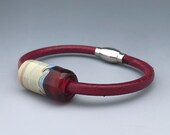 Handmade Glass Bead and Leather Unisex Bracelet with Golden Metallic Red Glass Bead