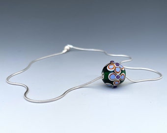 Necklace 16 inch with Single Handcrafted Very Pretty Green and Purple Bead on Sterling Silver Chain