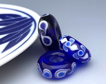 Lampwork Glass Beads  Inspired by Chinese Porcelain Three Large Hole Beads