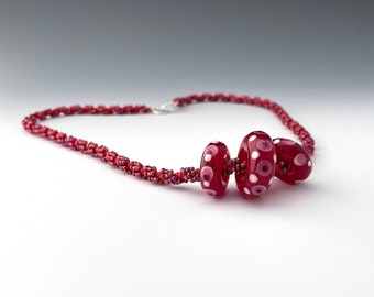 Necklace Lampwork Glass Beads  Red on Red