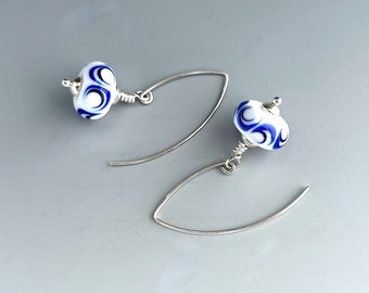 Earrings Handcrafted Blue and White Chinese Porcelain Inspired Glass Beads on Sterling Silver